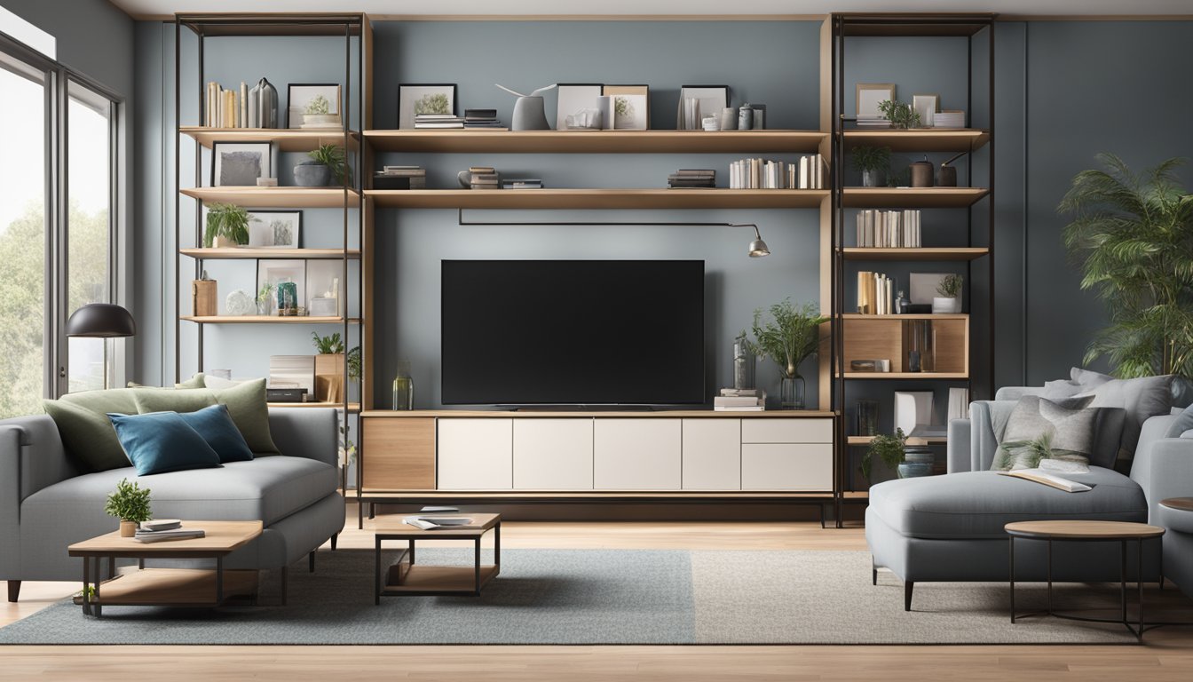 A sleek TV console with a built-in display cabinet, neatly organizing books, decor, and media equipment in a modern living room setting