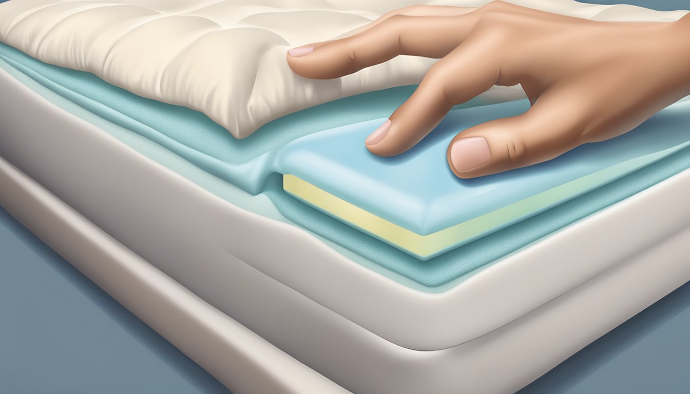 A hand presses into a memory foam mattress, showing its firmness