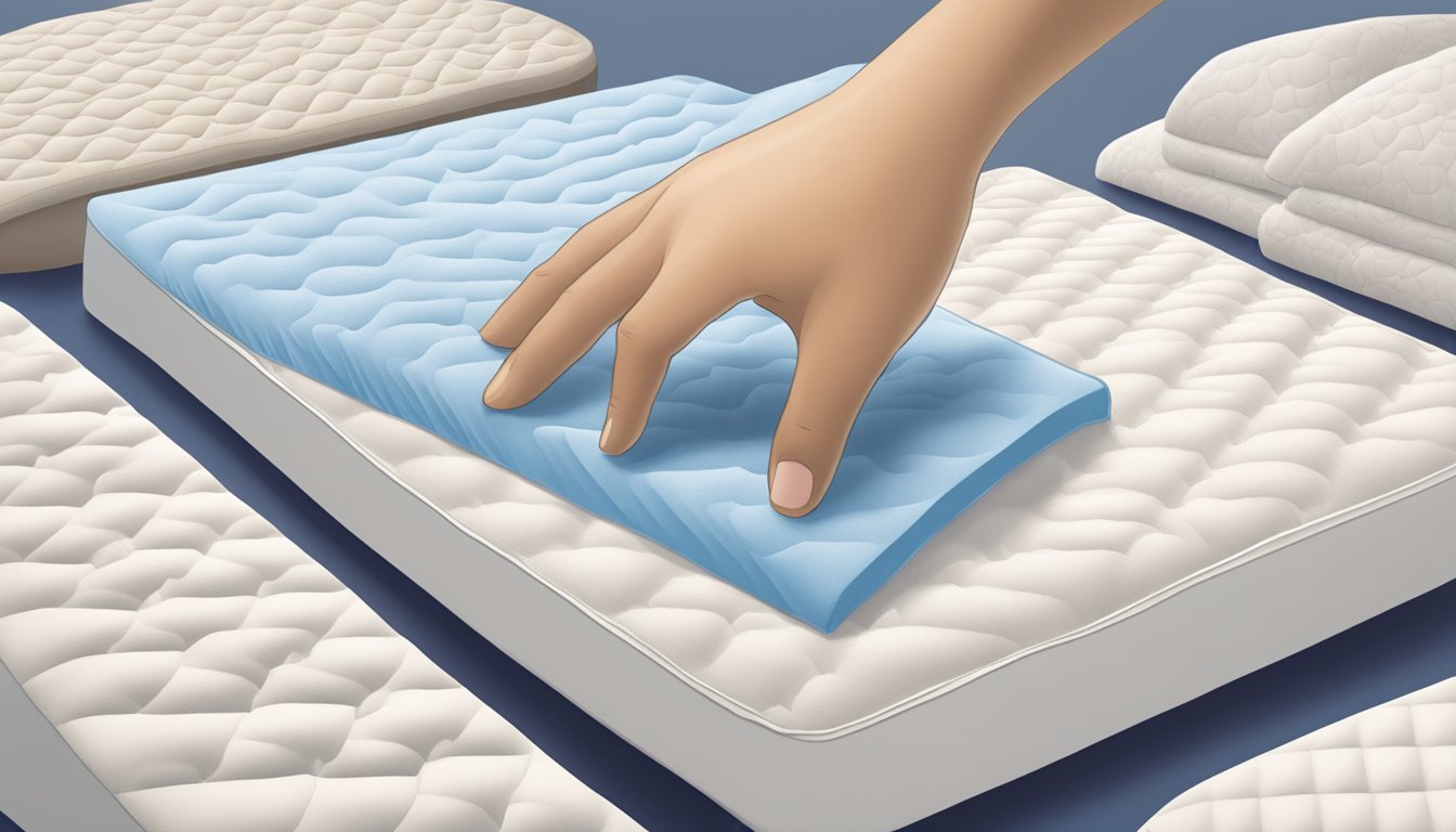 A hand reaches out to test the firmness of a memory foam mattress, surrounded by various mattress options