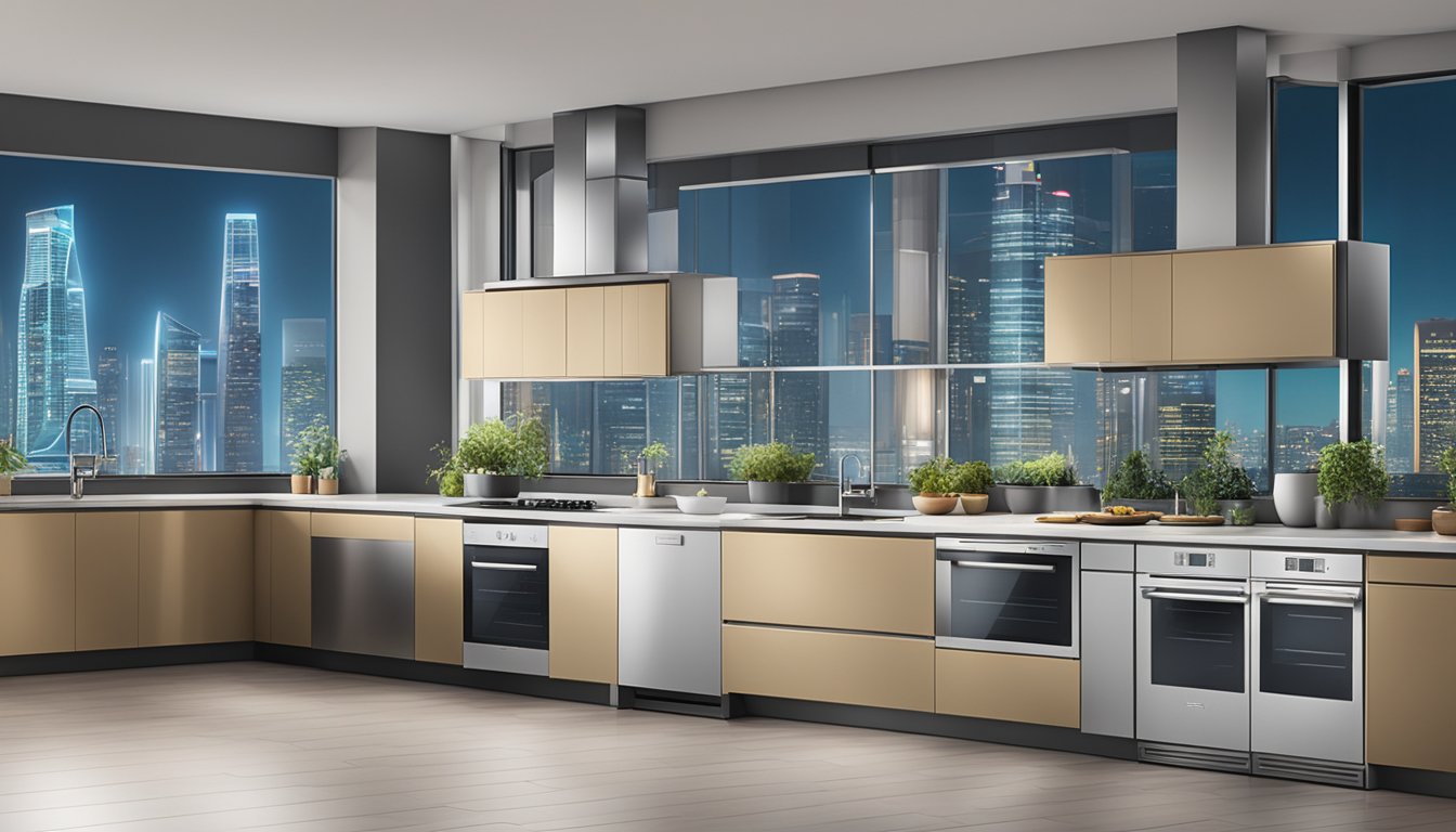 A kitchen with sleek, modern dishwashers lined up, showcasing various brands and models, with a backdrop of Singapore's city skyline visible through the window