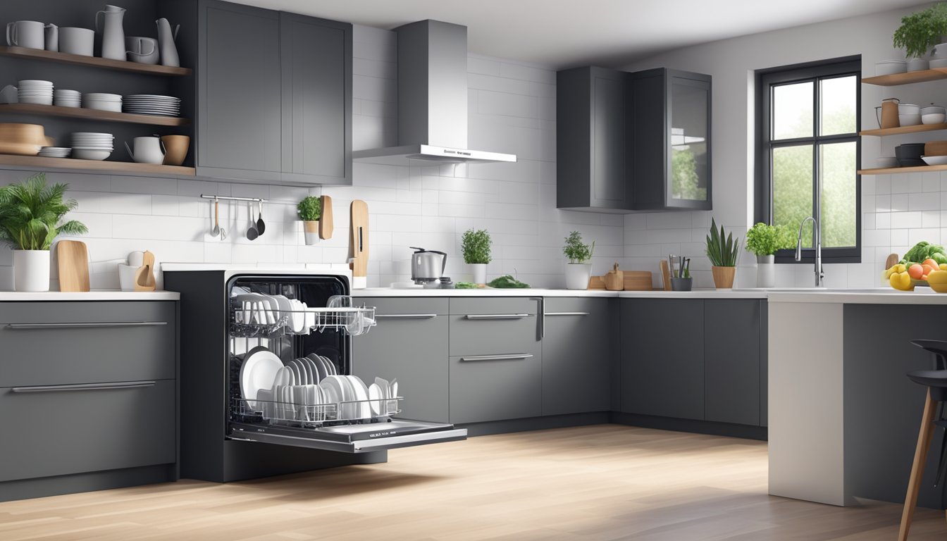 A sleek and modern dishwasher sits in a clean and organized kitchen, surrounded by various dishware and utensils