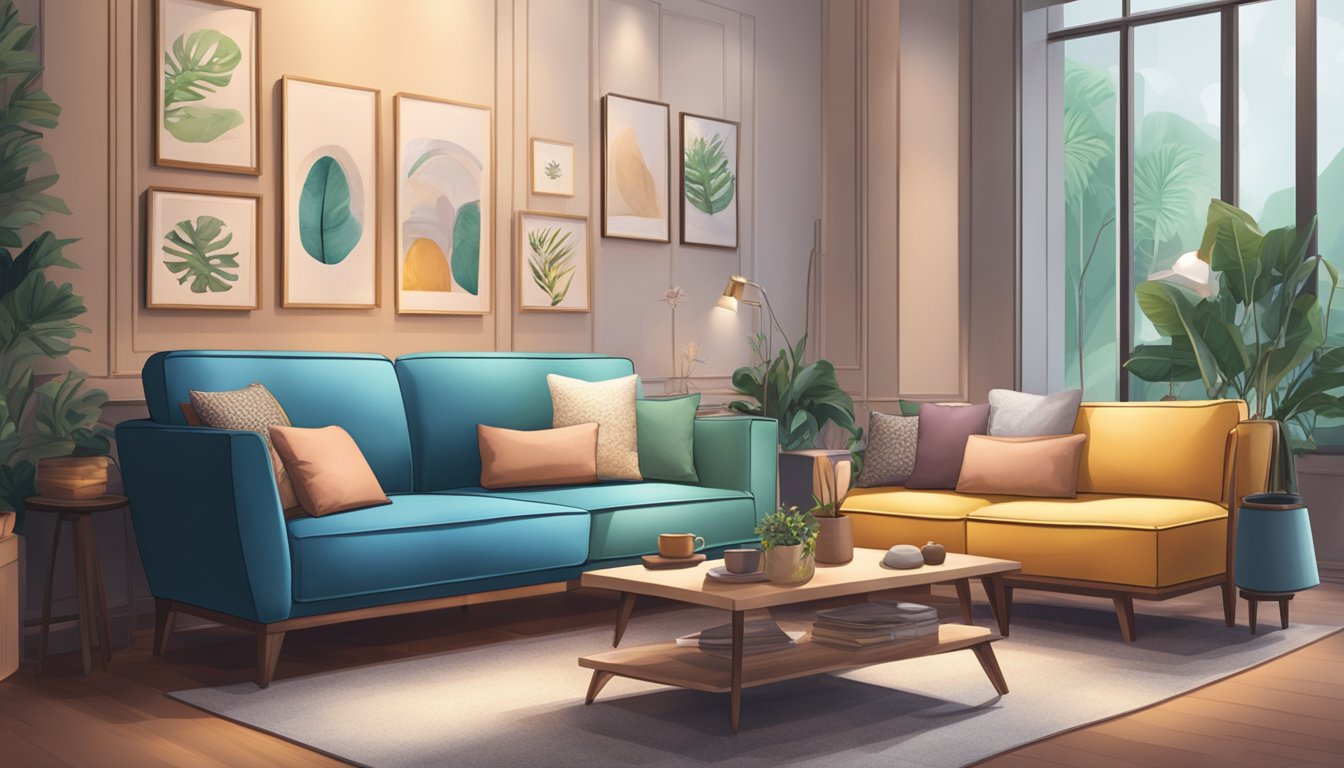 A cozy sofa shop in Singapore, with various styles and colors displayed. Bright lighting highlights the comfortable seating options