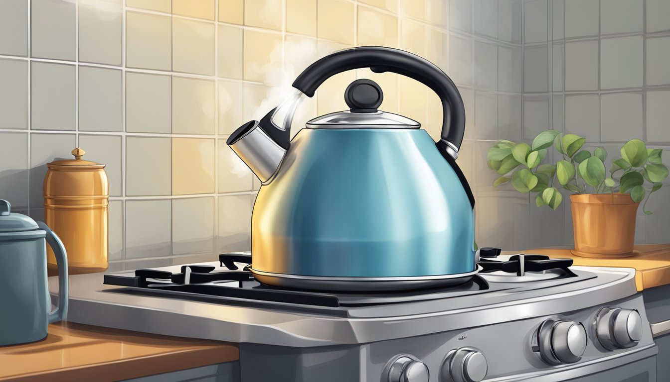 A water kettle sits on a gas stove, steam rising from its spout