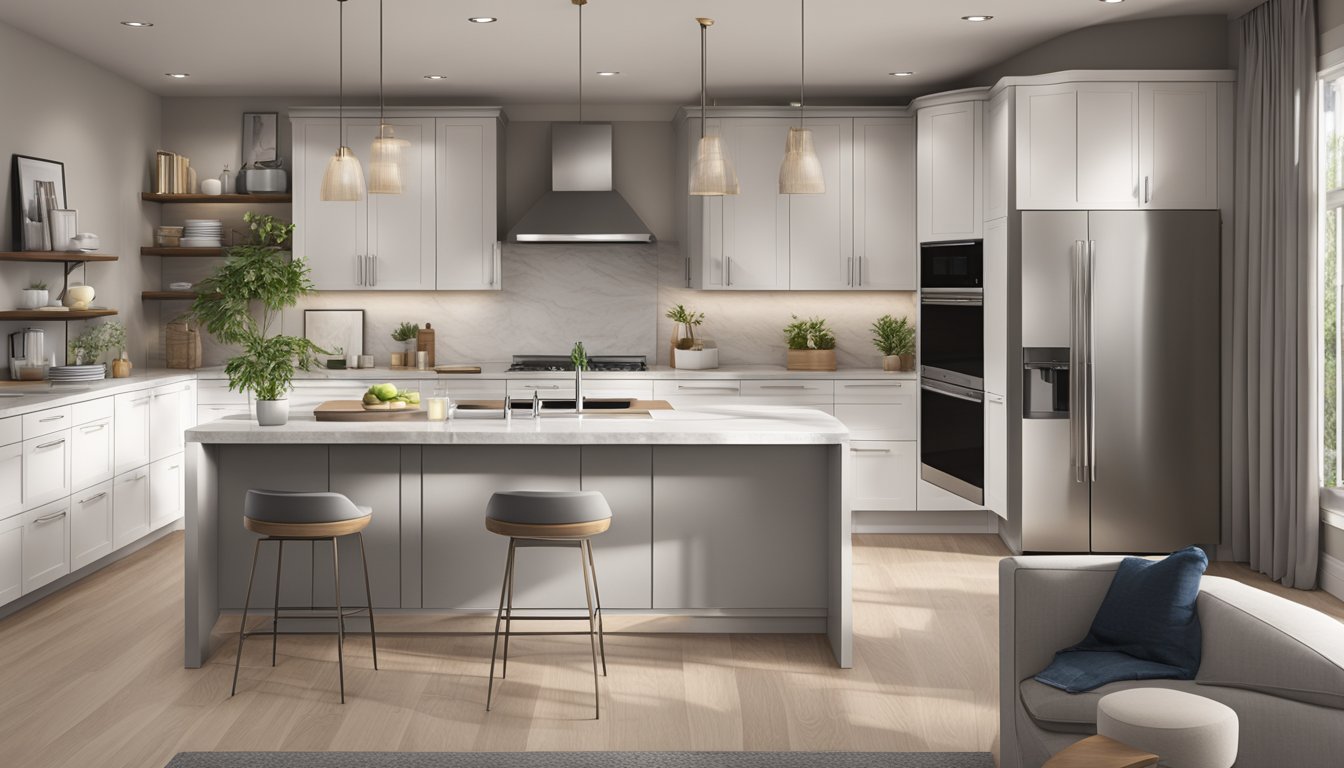 A spacious kitchen with sleek, modern cabinets in a neutral color palette. Integrated lighting and ample storage space for efficient organization