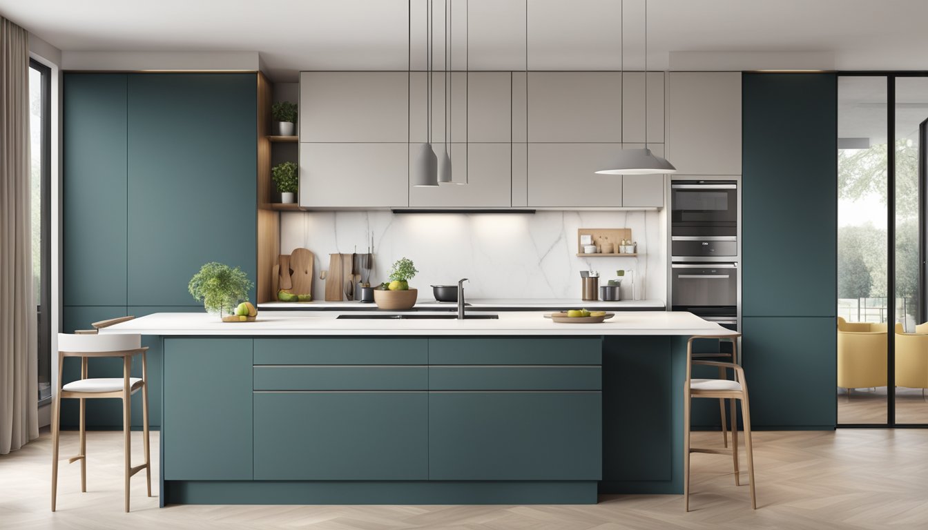 A modern kitchen with sleek, handle-less cabinets in a minimalist design, featuring efficient storage solutions and integrated appliances for a seamless and stylish look