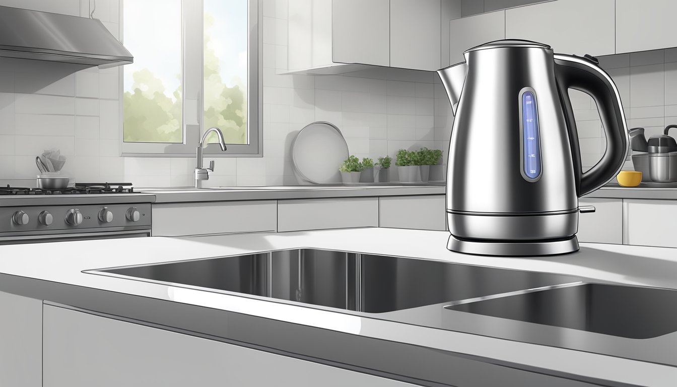 A hand reaches for a sleek, stainless steel electric kettle on a modern kitchen countertop. The kettle's transparent water level window and LED indicator are visible