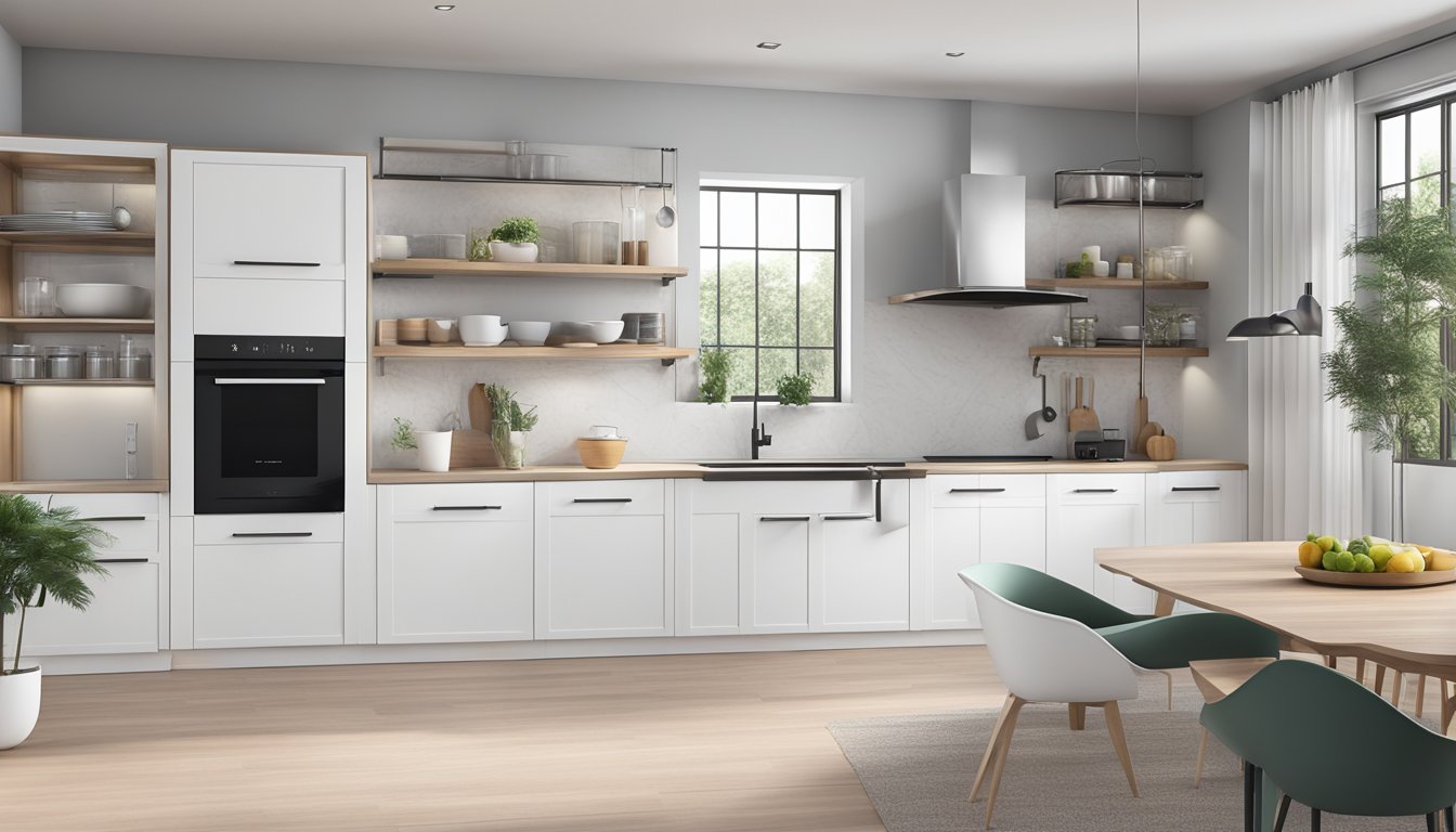 A modern kitchen with sleek, white cabinets and minimalist hardware. Clean lines and ample storage space