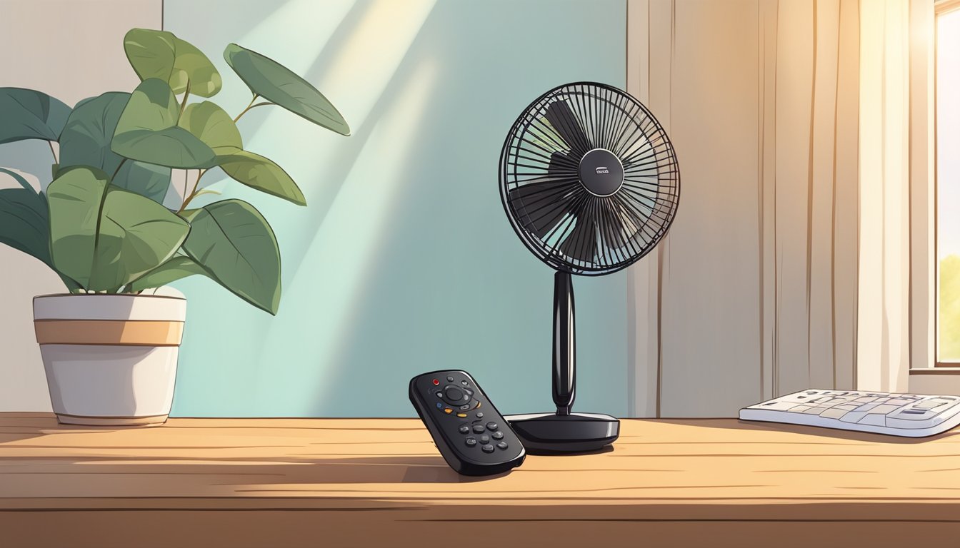 A remote control fan spins on a wooden table, casting a gentle breeze in a sunlit room