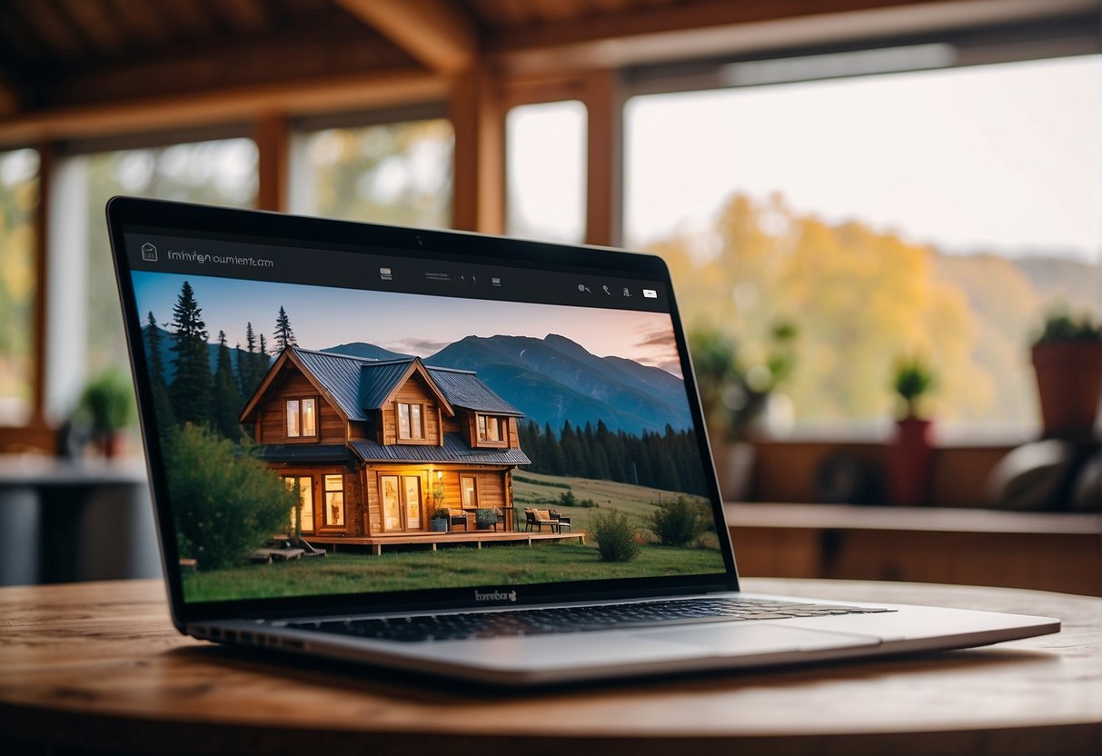 A person browsing online listings for tiny houses, using a laptop and holding a credit card