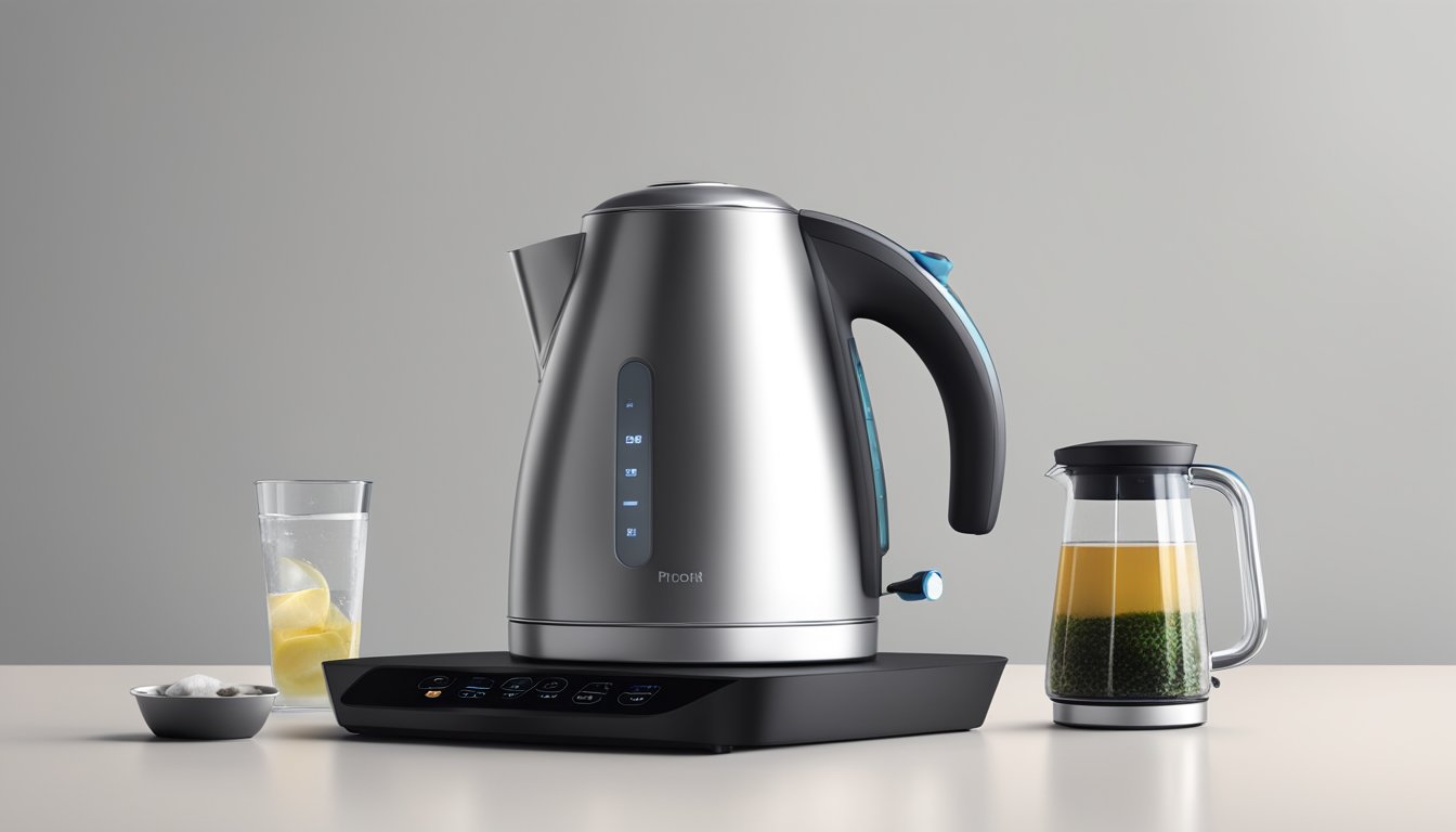 A sleek, modern water kettle sits on a clean, minimalist countertop, with a digital display and various buttons indicating advanced features. A small compartment for maintenance tools is visible on the side