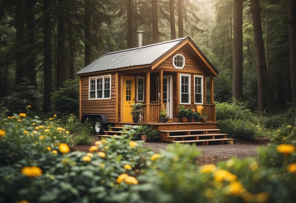 A tiny house surrounded by nature, with a small porch and large windows. A sign reads "For Sale" with contact information