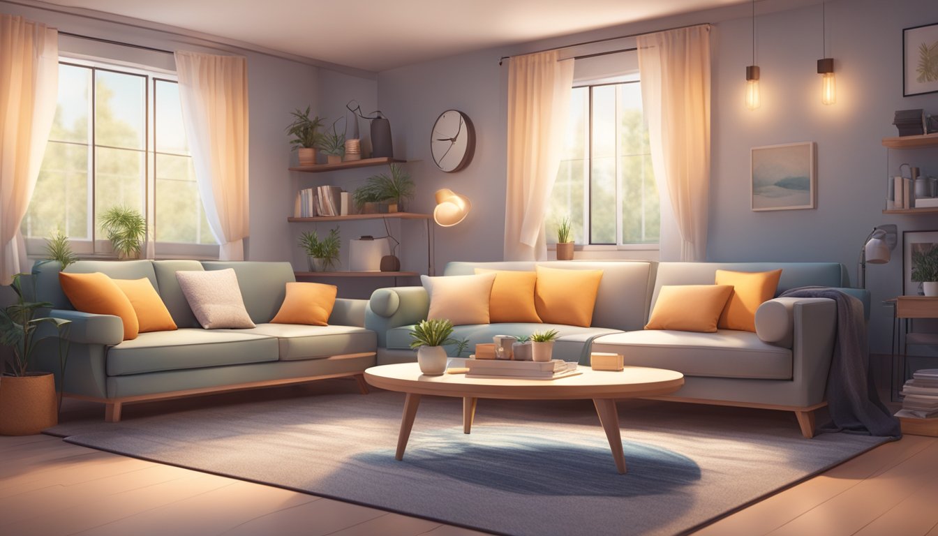 A cozy living room with a modern foldable sofa bed, surrounded by stylish decor and soft lighting