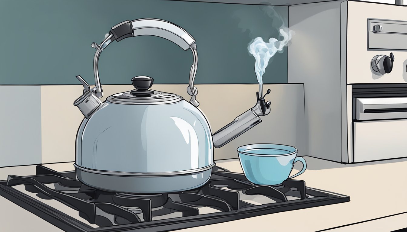 A water kettle sits on a stovetop, steam rising from its spout. A hand reaches for the handle, ready to pour