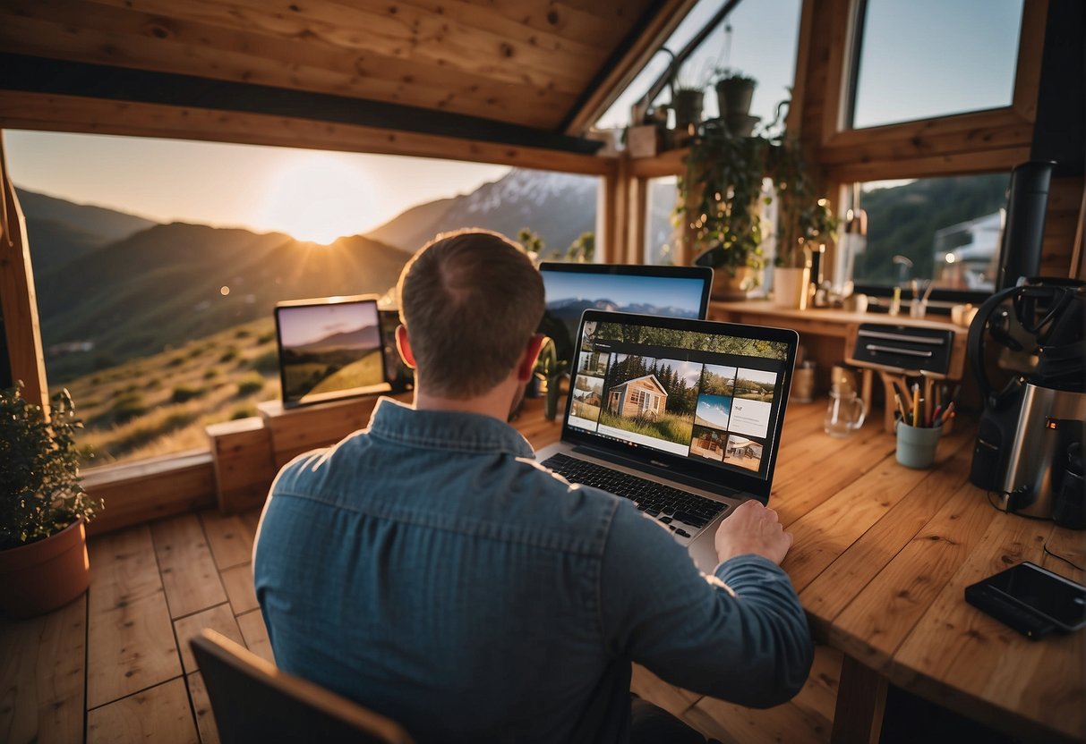 A customer browsing tiny house options online, comparing prices and features, and clicking "add to cart" for purchase