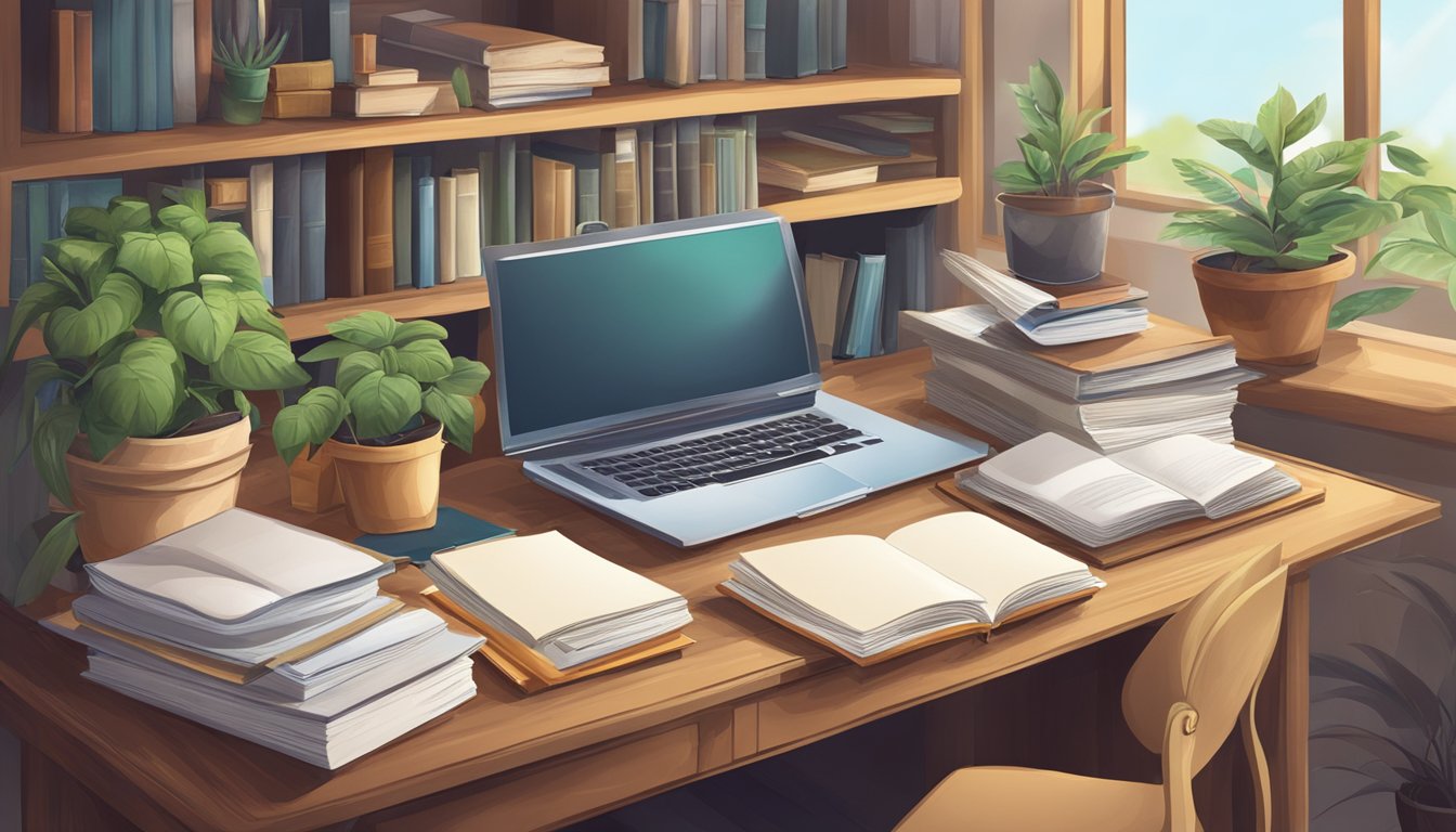 A cluttered desk with books, papers, and a potted plant on a wooden shelf