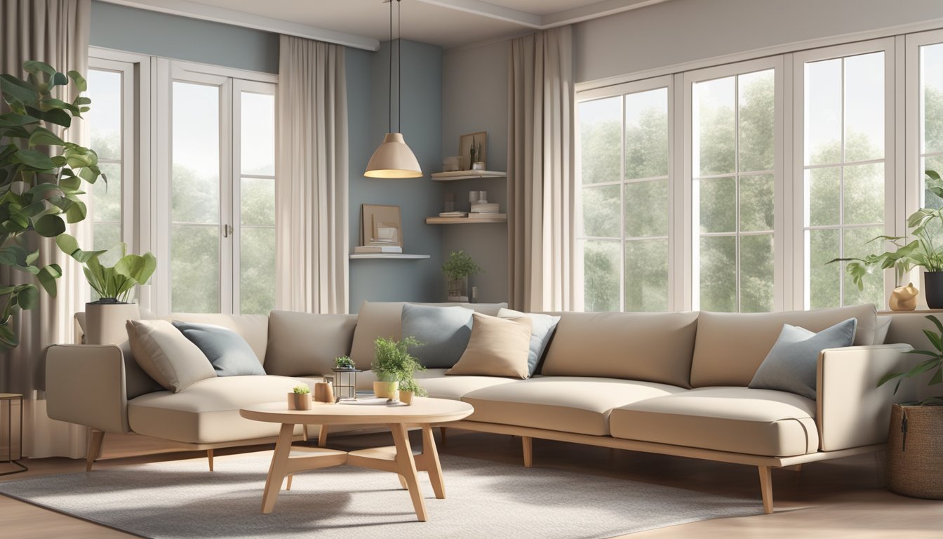 A cozy living room with a stylish foldable sofa bed, surrounded by modern decor and natural light