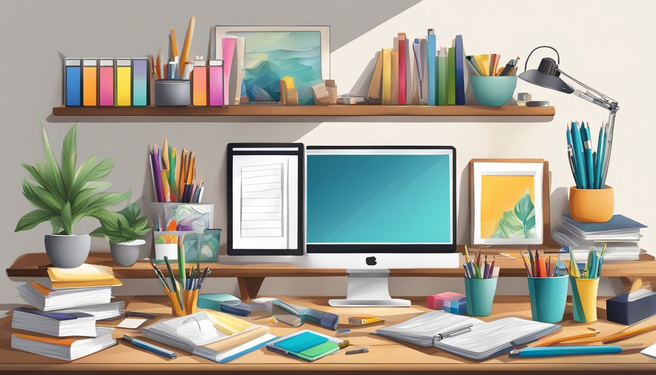 A cluttered desk with art supplies, sketchbooks, and a variety of materials organized on a shelf