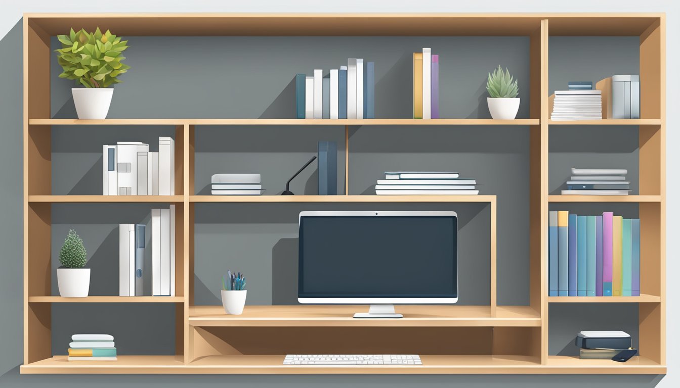 A sleek, modern desk shelf with adjustable compartments and smooth, rounded edges for ergonomic comfort