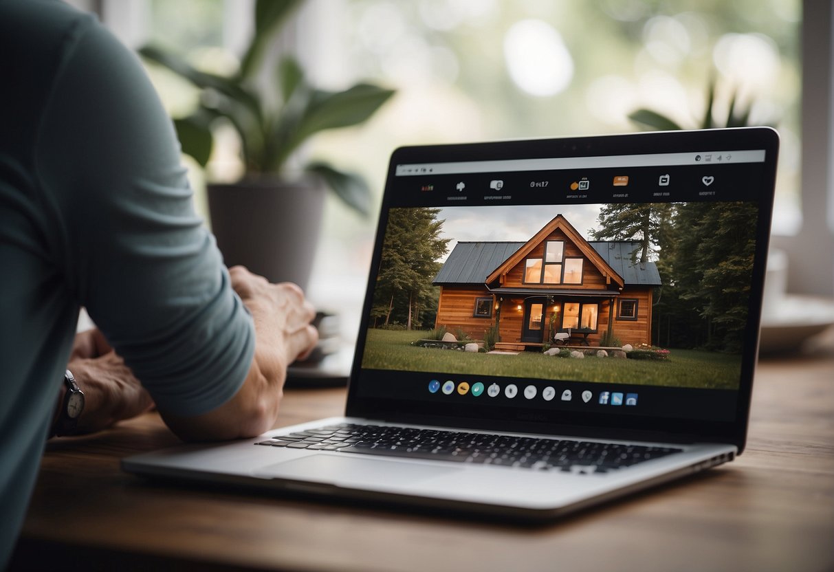 A person browsing a website, searching "how can I buy a tiny house" with a laptop on a desk