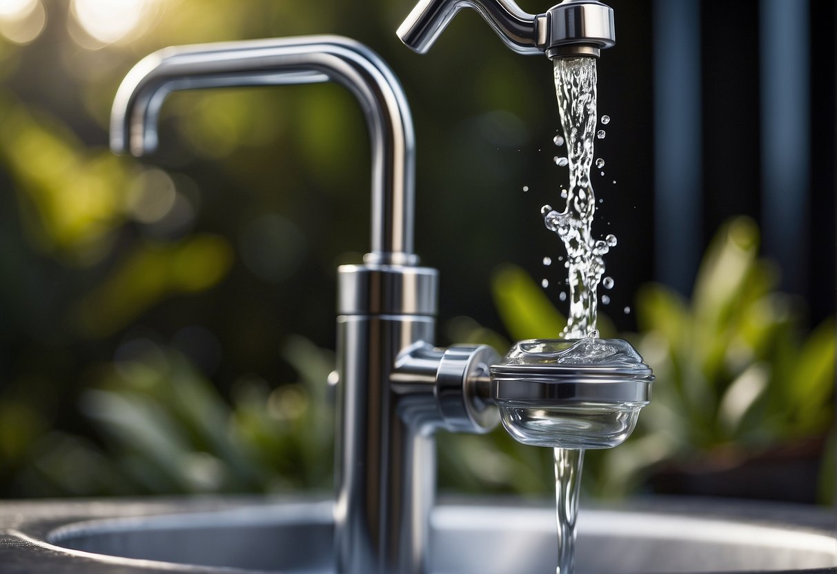 Water flows from a small pump into a tank. Pipes carry water to a sink and shower. Greywater is filtered and stored for reuse