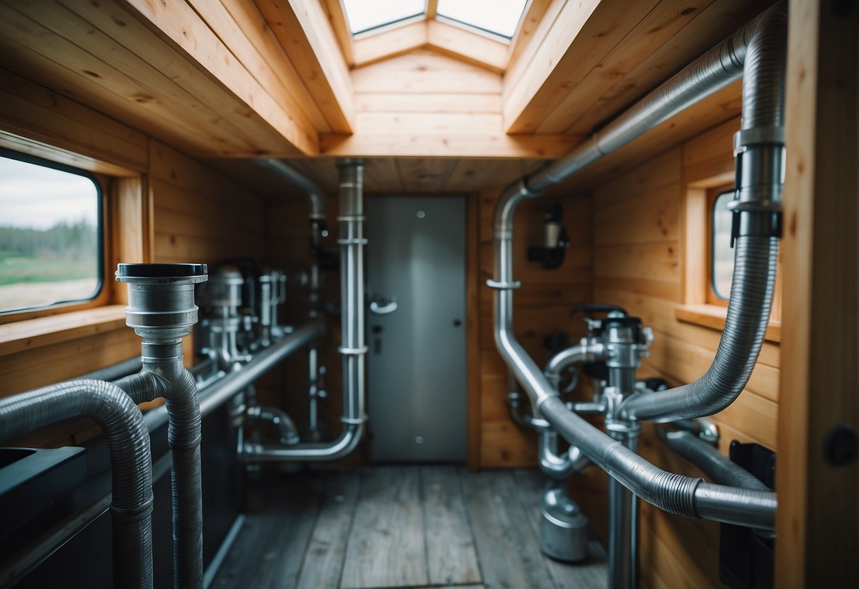 Water pipes and drainage system laid out in a compact, efficient manner within the confines of a tiny house