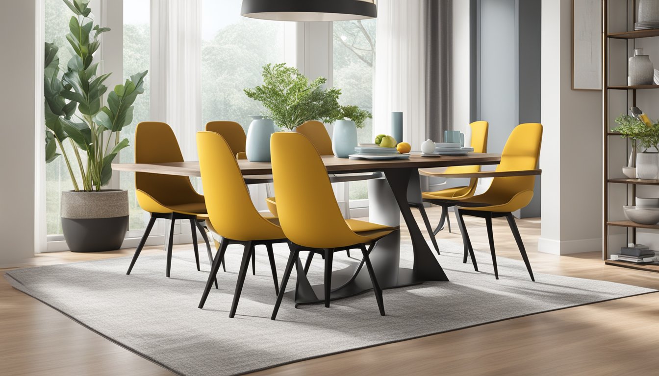 A modern dining table with sleek chairs, showcased on a Singaporean online platform