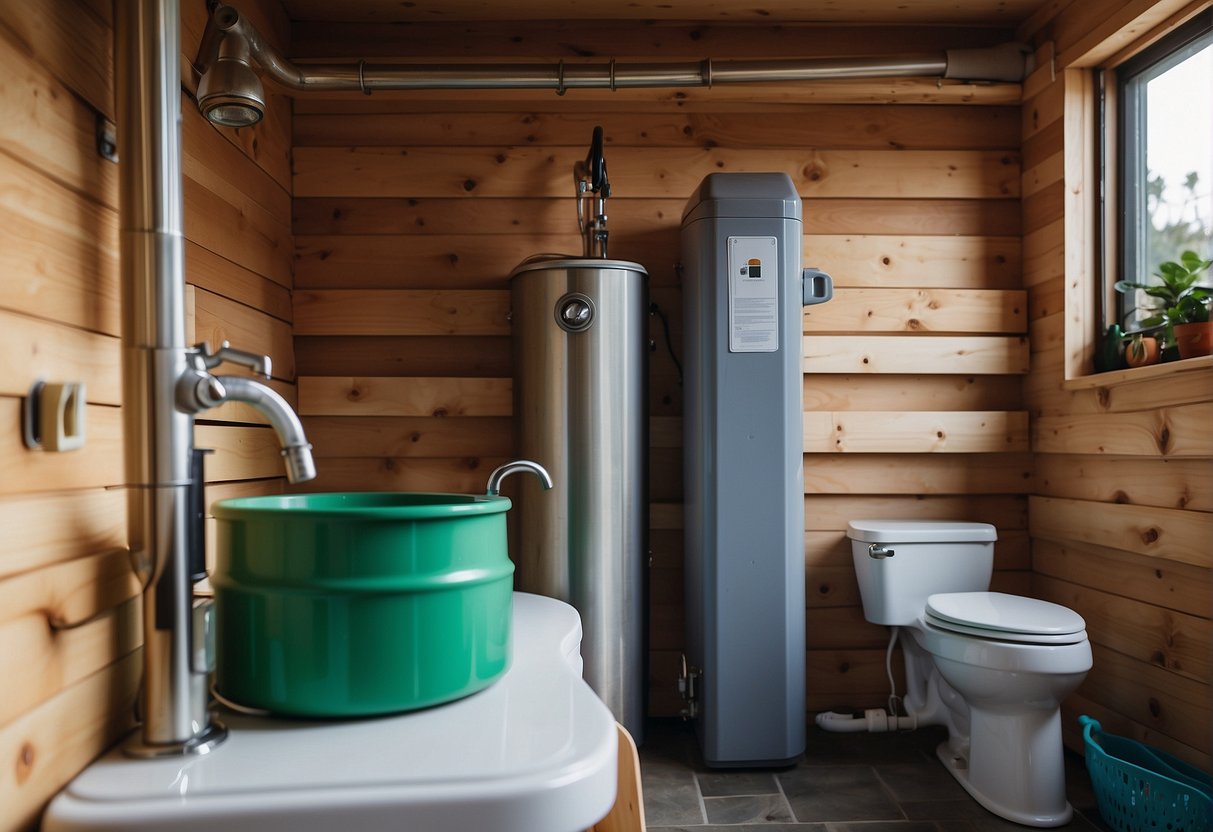 Water flows from a small sink into a grey water tank, while a composting toilet sits next to it. Pipes connect to a water source outside the tiny house