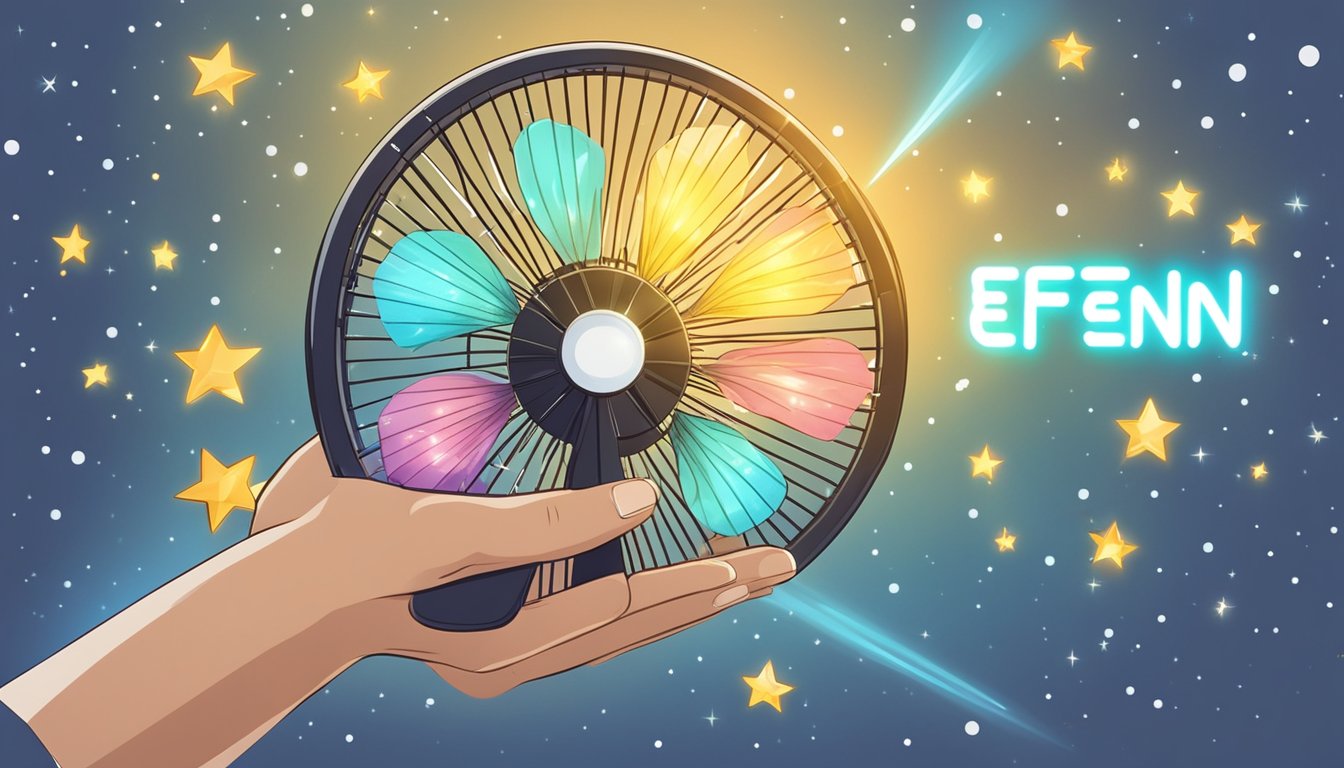 A hand holding a fan, with the word "efenz" written on it, surrounded by glowing stars and a cool breeze