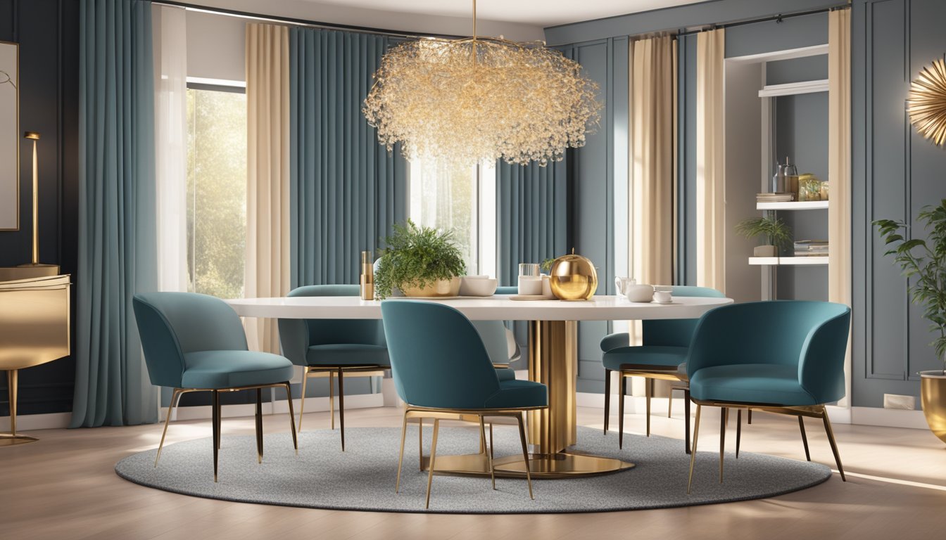 A sleek, modern dining chair sits at a stylish table, surrounded by warm lighting and elegant decor