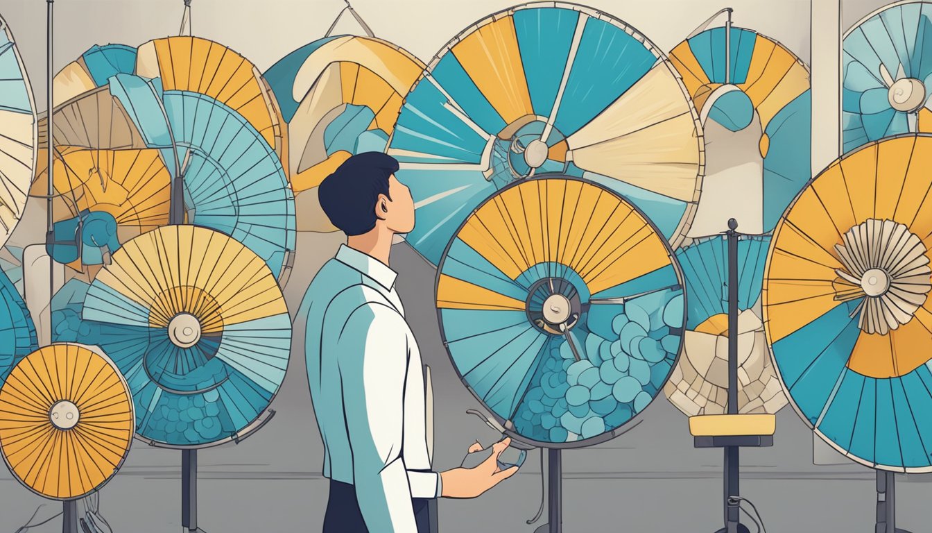 A person standing in front of a variety of Efenz fans, carefully examining each one before making a decision