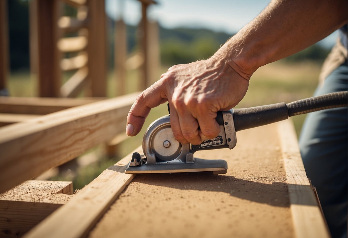 A person constructing a tiny house, hammering nails into wooden beams, measuring and sawing lumber, assembling walls and roof panels