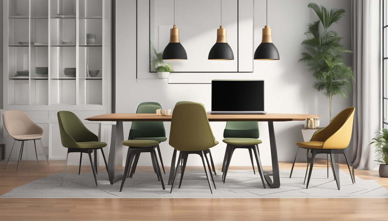 A laptop open on a sleek dining table, with a variety of stylish dining chairs displayed on the screen. A smooth and seamless online shopping experience