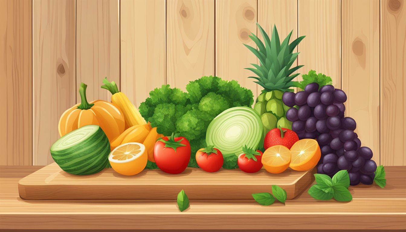 A wooden chopping board with various fresh fruits and vegetables arranged neatly on top, with a knife placed next to it