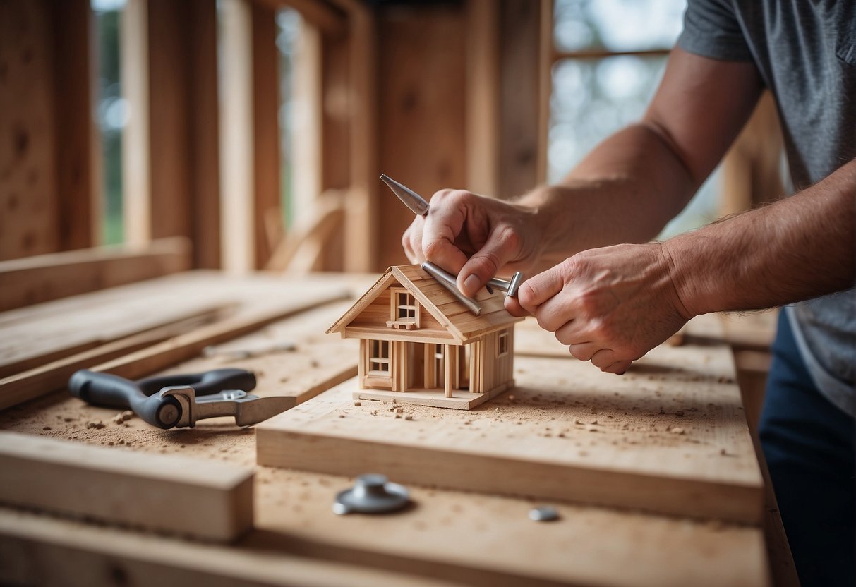 A person constructing a tiny house, hammering nails into wooden beams, with a blueprint and tools scattered around