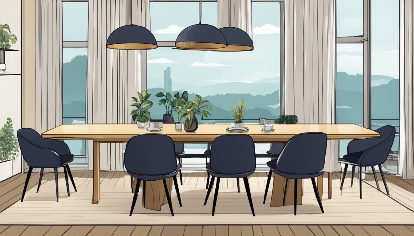 A group of stylish dining chairs arranged around a sleek table, with a laptop open to a webpage titled "Frequently Asked Questions dining chairs singapore online"