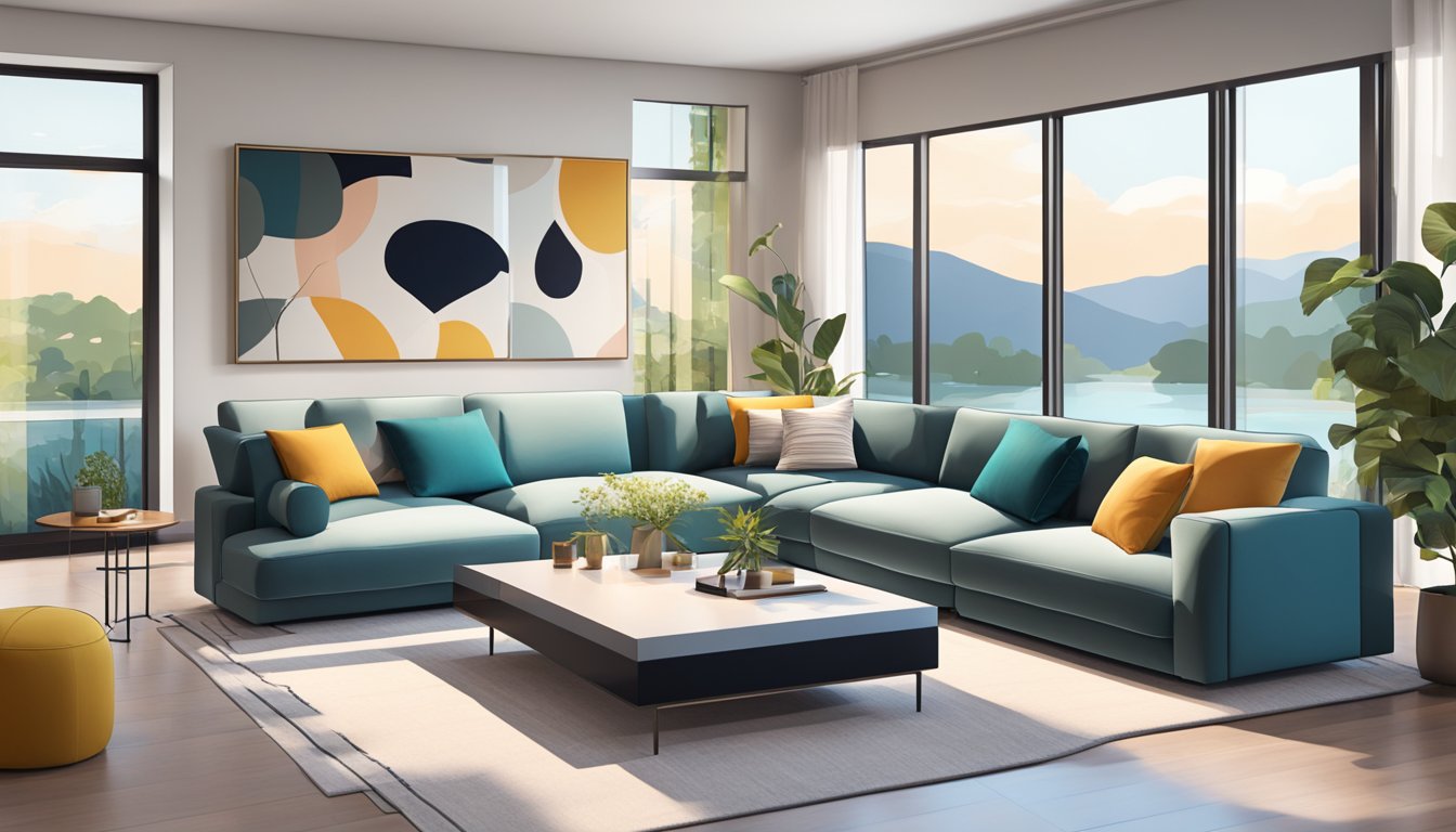 A modern living room with a large L-shaped sofa, a sleek coffee table, and a statement wall with abstract art and floor-to-ceiling windows