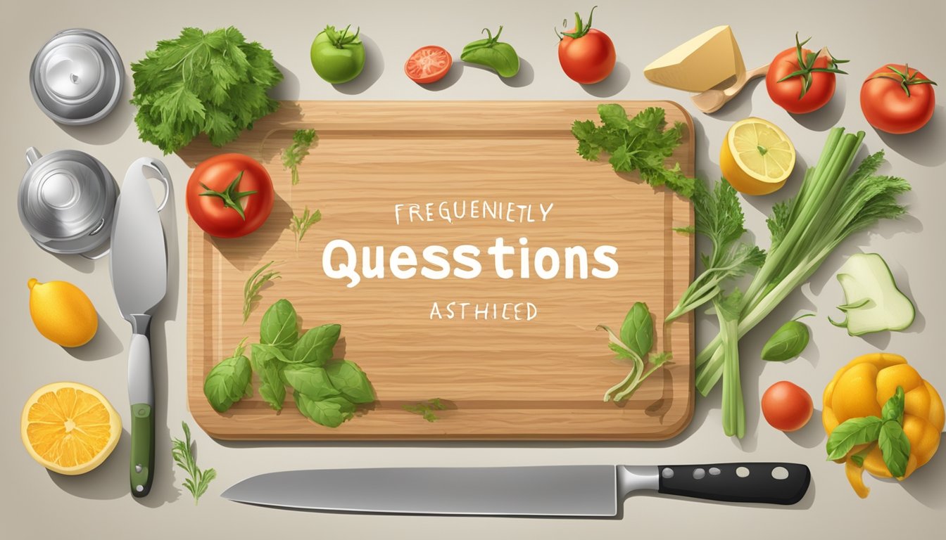 A chopping board with "Frequently Asked Questions" text, surrounded by kitchen utensils and ingredients