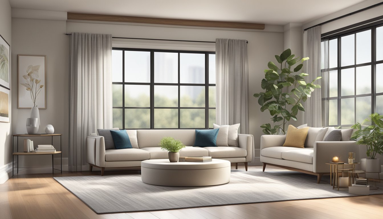 A modern living room with a neutral color palette, sleek furniture, and natural light streaming in through large windows