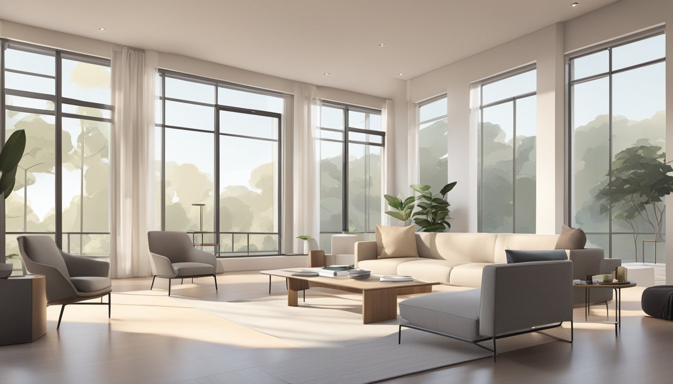 A room with modern furniture, neutral colors, and natural light streaming in through large windows. A minimalist aesthetic with clean lines and a focus on functionality