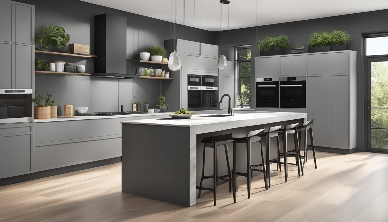 A sleek, modern kitchen with a spacious layout. The built-in oven is seamlessly integrated into the cabinetry, with a digital display and touch controls