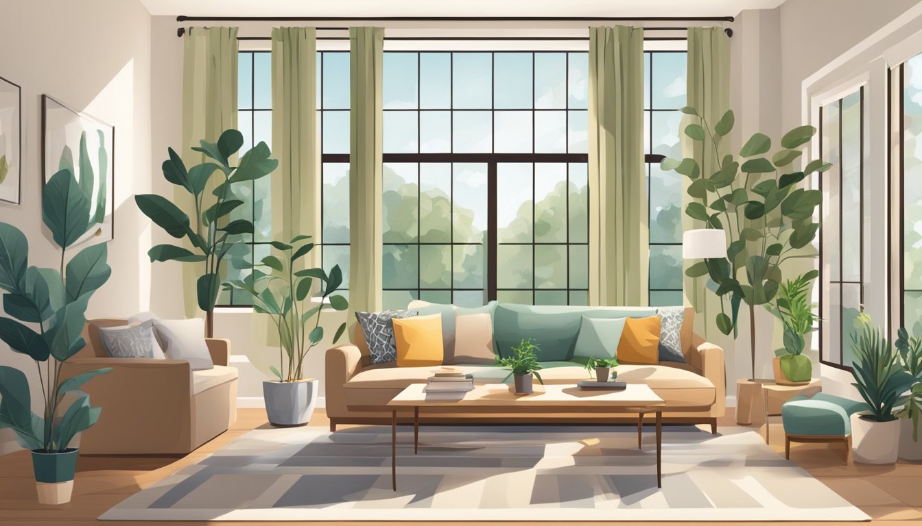 A cozy living room with a stylish sofa, coffee table, and potted plants. A bookshelf filled with design books and a large window with natural light