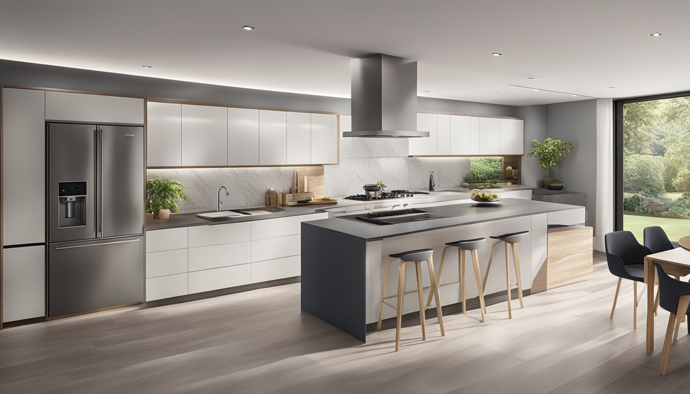 A modern kitchen with sleek built-in ovens from top brands in Singapore, showcasing advanced features and elegant design