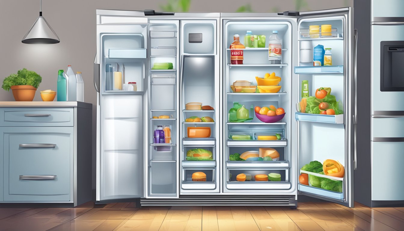 A refrigerator with open door, leaking water, and flickering light. Food items scattered on the floor. Temperature gauge showing high levels