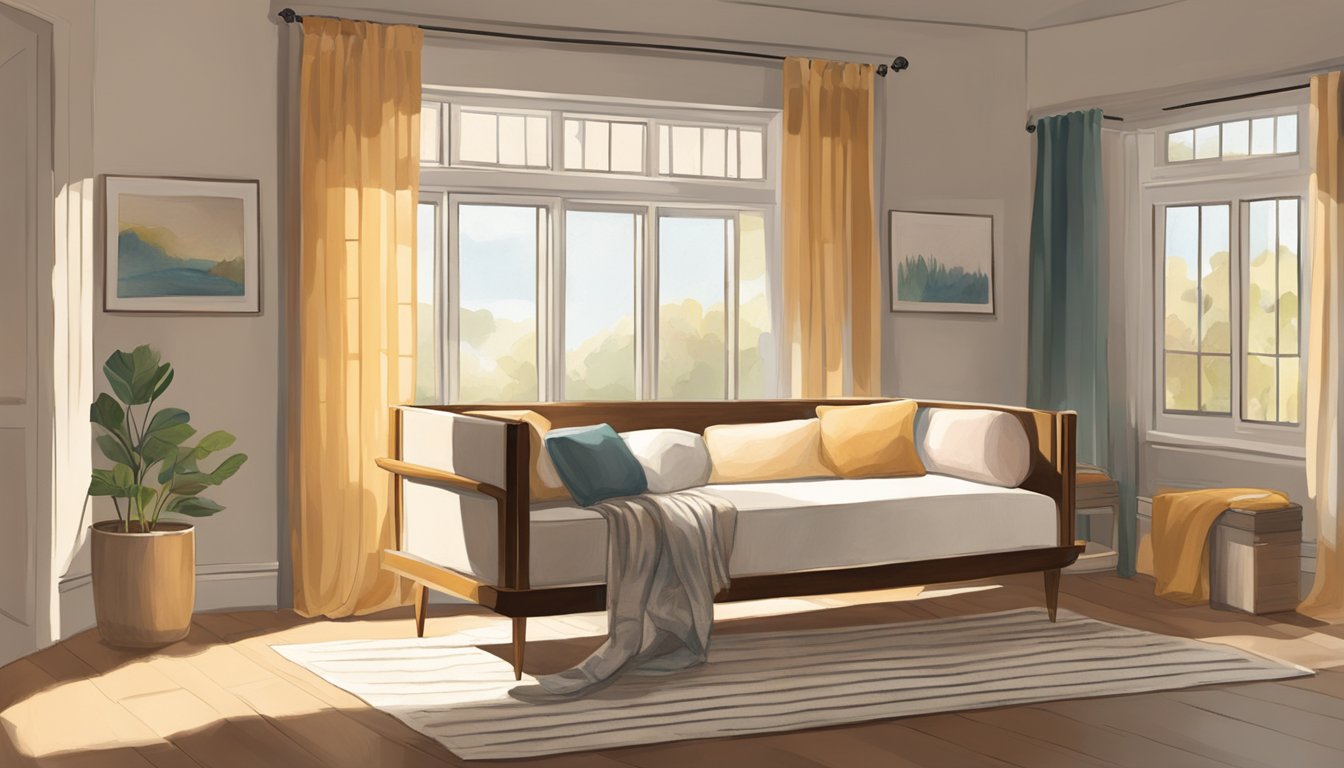 A daybed sits in a sunlit room, adorned with plush pillows and a soft throw blanket. The room is serene, with gentle sunlight streaming in through the window, casting a warm glow over the inviting daybed