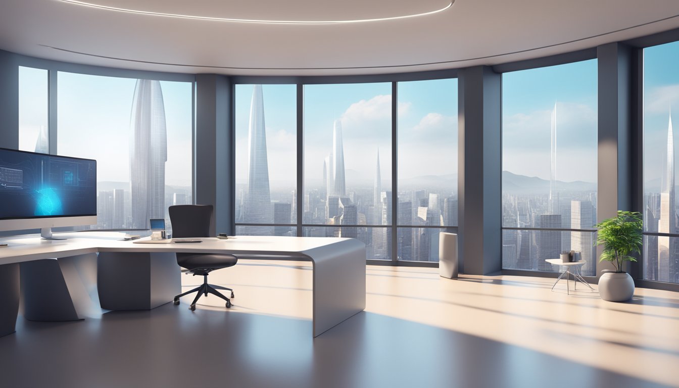 A sleek, modern office with clean lines, minimalist furniture, and large windows overlooking a cityscape. A futuristic computer screen displays a 3D model of a spacecraft