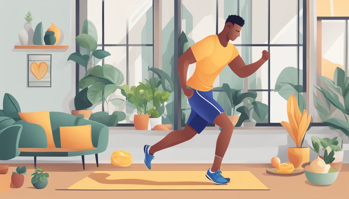 A person exercising, eating healthy, and managing stress to prevent coronary heart disease