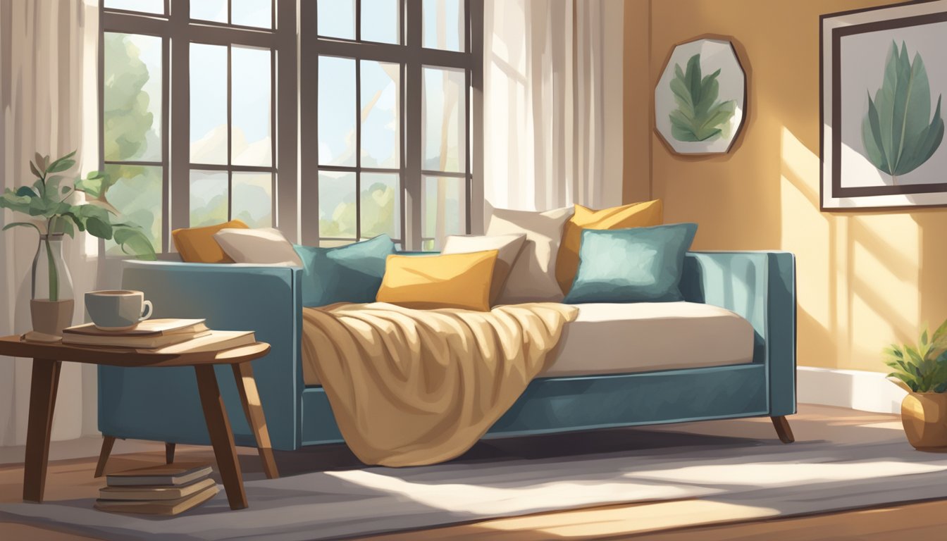 A cozy daybed sits in a sunlit room with plush pillows and a throw blanket. A book and a cup of tea rest on the side table
