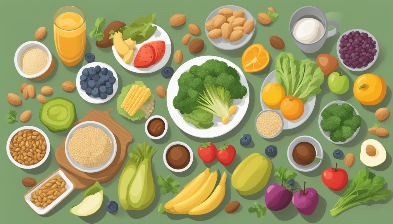 A table with heart-healthy foods: fruits, vegetables, whole grains, lean proteins, and nuts. A person exercising nearby