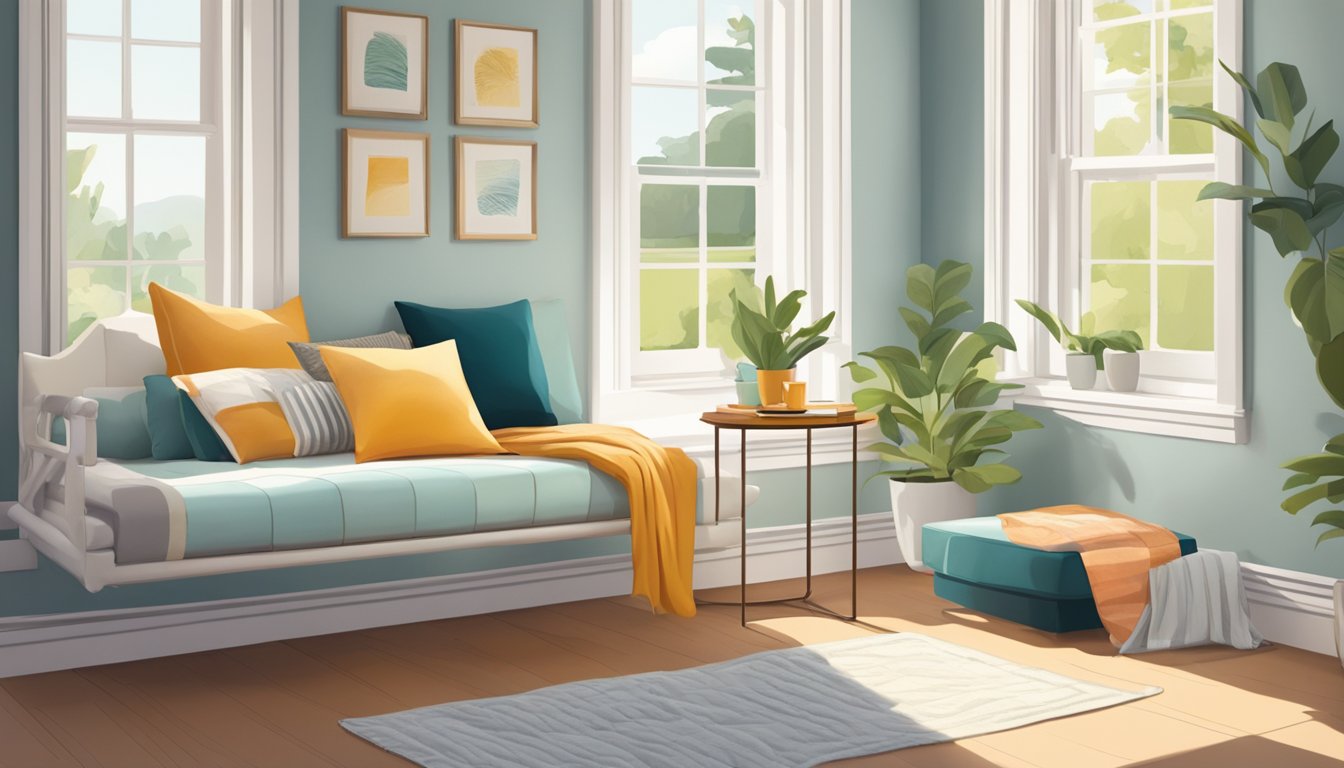 A daybed sits by a window, adorned with pillows and a throw blanket. A side table holds a book and a cup of tea. The room is bright and inviting