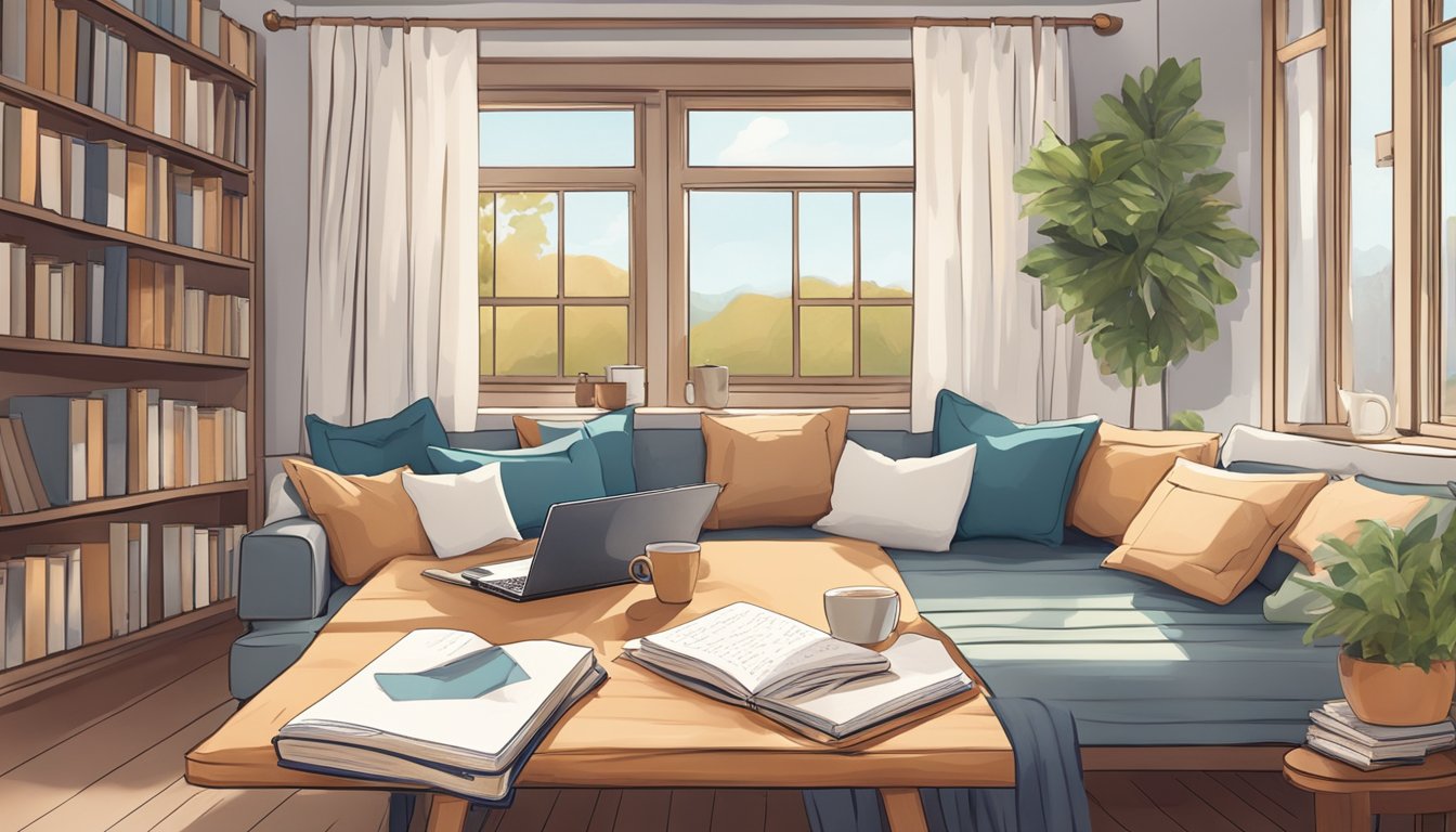 A cozy daybed with pillows and a throw blanket, surrounded by open books and a laptop, with a cup of coffee on a nearby table